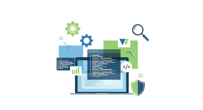 Modern computer software development process illustration on white background