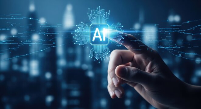 Human finger touching a glowing ai chip icon representing artificial intelligence and digital technology