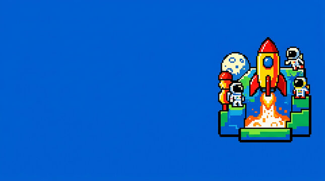 Pixel art rocket launch with astronauts in outer space