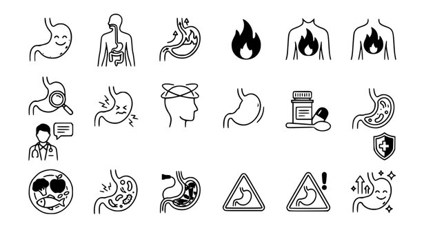Stomach Health and Digestive Care Medical Icons Set with Heartburn Examination and Gut Wellness Symbols