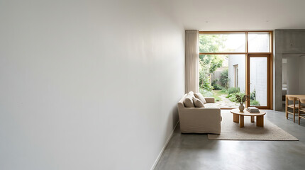 Fototapeta premium Minimalist modern living room with large white wall and garden view