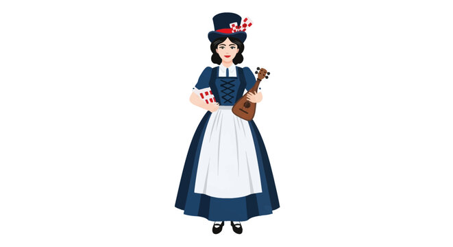 Full body vector illustration of a woman in traditional blue dress with white apron and corset, wearing a top hat with playing cards and holding a lute instrument on white background.
