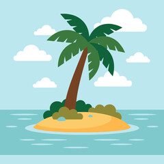 A single palm tree stands on a small tropical island beach © Paula