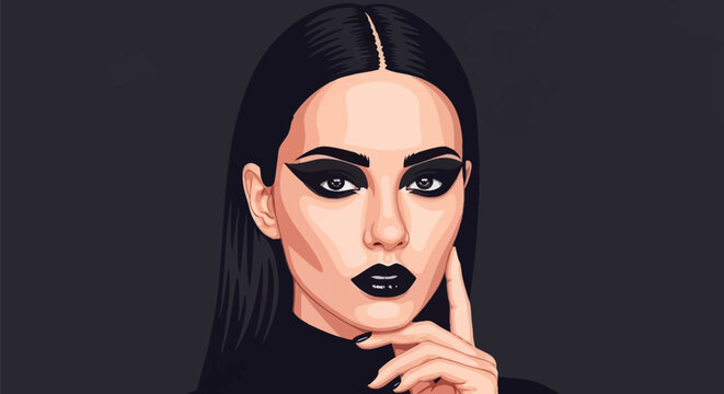 Vector illustration of a young woman with long straight black hair, dramatic dark eye makeup, and black lipstick, wearing a black turtleneck sweater against a dark background.