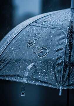 Close-up of Raindrops on a Transparent Umbrella in a Moody Blue Rainy Day Setting with Urban Background