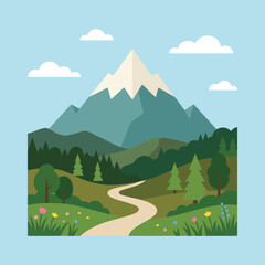 A flat vector illustration of a snowy mountain landscape scene © Peter