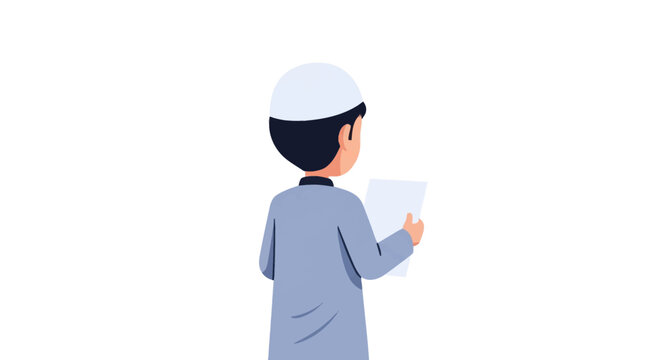 Back view vector illustration of a young Muslim boy wearing a white kufi skullcap and light blue thobe, holding a sheet of paper or reading a document on a plain white background.