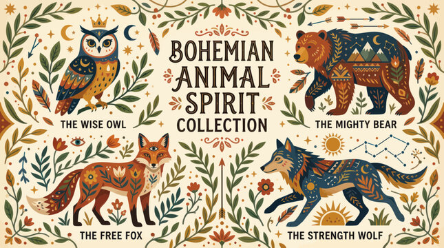 Bohemian Animal Spirit Collection: Owl, Bear, Fox, Wolf with tribal patterns
