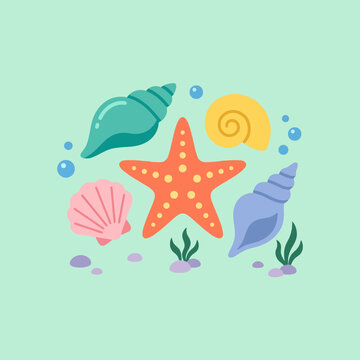 A colorful collection of various sea creatures and ocean shells