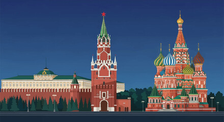 Obraz premium Architectural vector illustration of Moscow Red Square at night featuring Saint Basil's Cathedral with colorful onion domes, the Spasskaya Tower with red star, and the Kremlin wall.