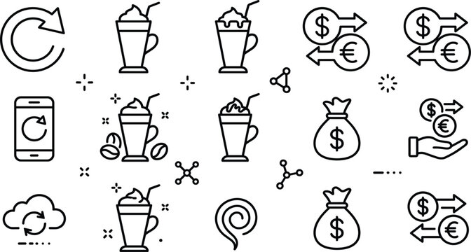 Coffee beverage finance exchange and sync loop line icon set featuring frappe cup money bag dollar vector illustration
