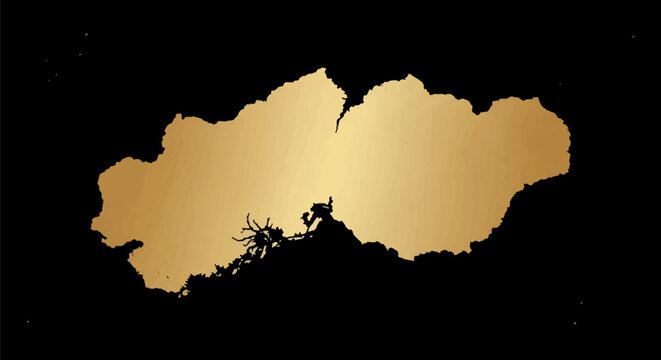 Gold metallic foil silhouette map of Slovakia isolated on a black background with vintage distressed texture and subtle gold speckles, detailed country border outline.