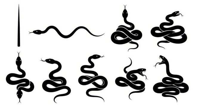 Black Snake Silhouette Collection - Various Coiled and Slithering Serpent Poses Isolated on White Background