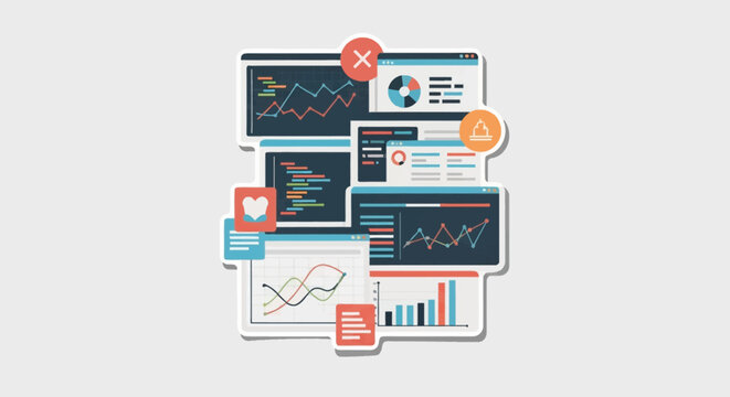 Flat vector illustration featuring a cluster of dashboard windows with data analytics charts, bar graphs, line plots, and programming code snippets in a modern software UI style.