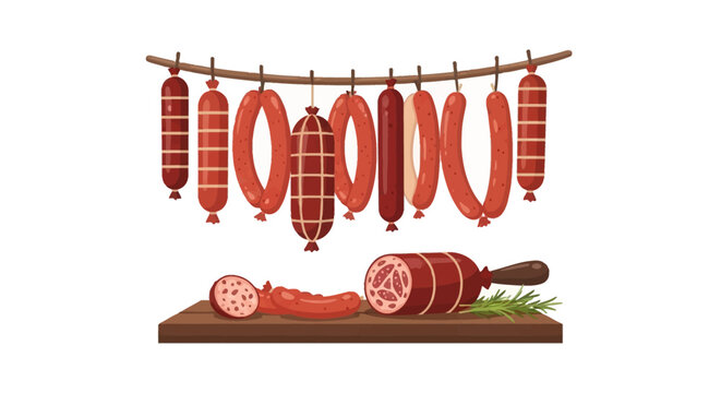 Assorted sausages, salami, and cured meats hanging from a wooden bar with slices and a whole sausage on a cutting board with rosemary, isolated on white background.