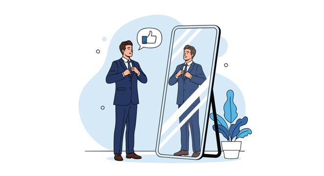 Confident businessman looking at his reflection in full length mirror and receiving digital thumbs up for his professional look.