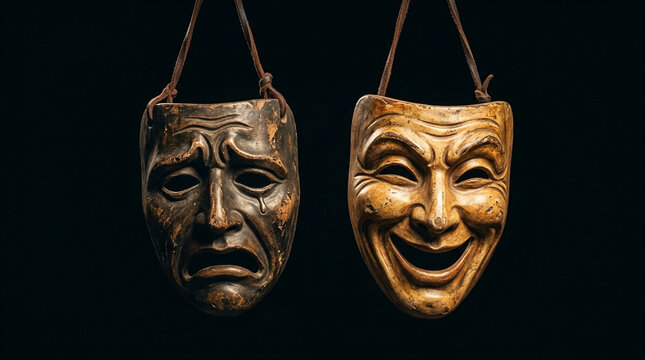 Traditional Dramatic Theater Masks Symbolizing Comedy and Tragedy