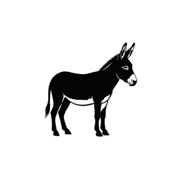 Black and white silhouette of a domestic donkey in a side profile standing position, featuring detailed long ears, mane, and tail, isolated on a clean white background.