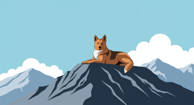 Flat vector illustration of a tan wild dog or dingo lying on a jagged mountain peak under a clear blue sky with stylized white clouds and distant alpine mountain ranges.