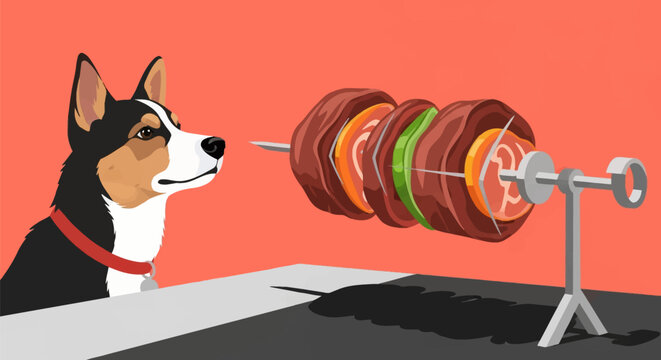 A flat vector illustration of a tricolor dog with a red collar staring hungrily at a rotating spit of shawarma meat with tomatoes and cucumbers against a red background.