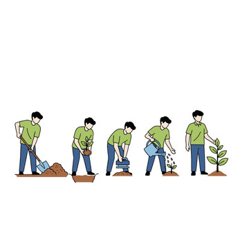 Group of men working together on a farm planting rows