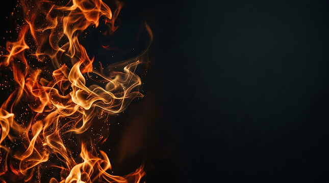 Burning fire flames and glowing embers on a black background