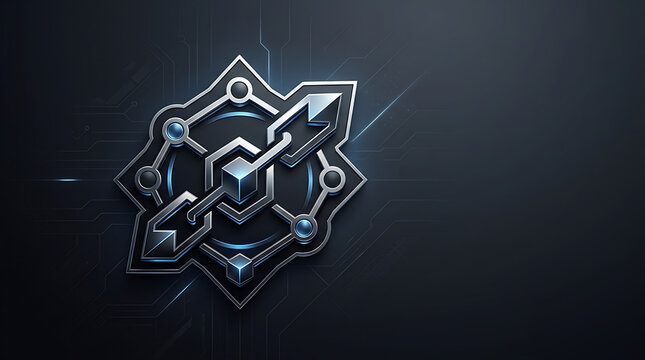 Metallic digital security emblem with glowing blue accents