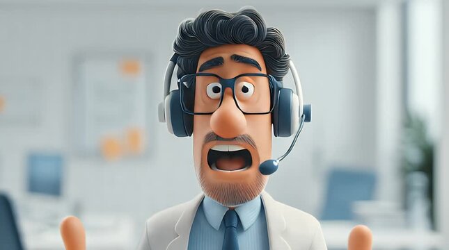 Stressed cartoon man in headset, wide-eyed, open mouth, in office