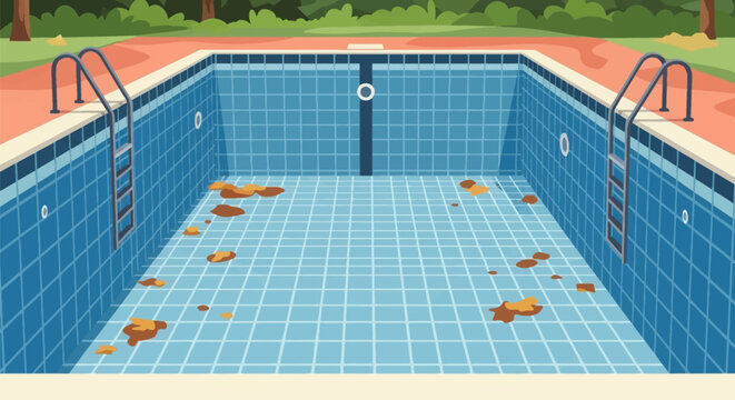 Vector illustration of an empty rectangular swimming pool with blue square tiles, featuring two metal ladders and scattered dried autumn leaves on the floor in an outdoor setting.