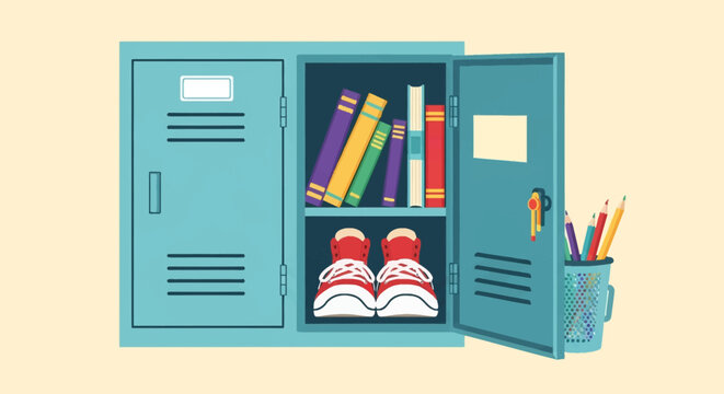 Flat vector illustration of a teal school locker with an open door revealing colorful books on the top shelf, red sneakers on the bottom shelf, and a cup of pencils to the right.
