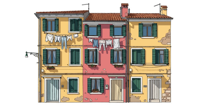 Vector illustration of colorful Venetian row houses with yellow and pink facades, green shutters, terracotta roofs, and laundry hanging on clotheslines against a white background.