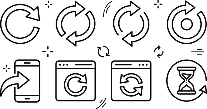 Refresh and update loop line icon set featuring loading arrows browser sync smartphone sharing hourglass timer vector illustration