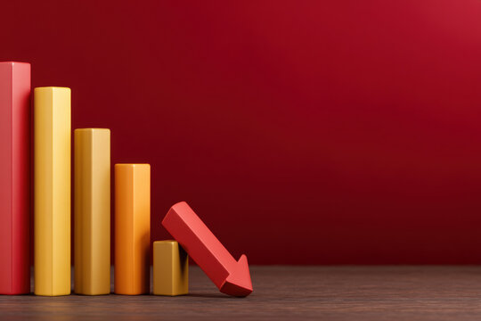 Bar chart downward arrow business finance economy statistic tech layoffs market impact shown by falling bar chart and red arrow wooden table