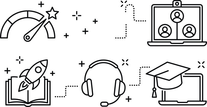 Online education and remote team management line icon set featuring laptop headphone speedometer rocket vector illustration graphic design.