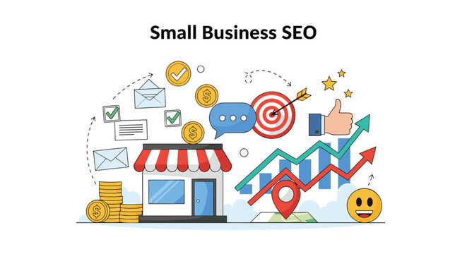 Comprehensive small business SEO conceptual illustration featuring storefront, growth charts, targets, and digital marketing icons.