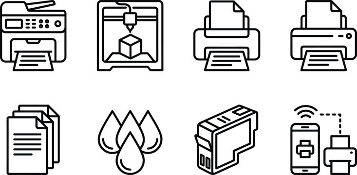 Office printing and technology line icon set featuring 3d printer copier ink cartridge document mobile wireless vector illustration