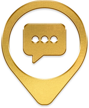 Shiny gold chatbox ellipses icon on metallic pin badge element