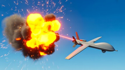 Fototapeta premium Military drone aircraft near aerial explosion in dramatic sky combat scenario