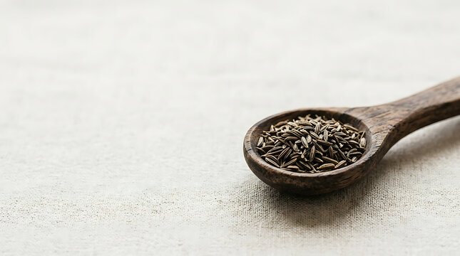 Dried caraway seeds in a rustic wooden spoon on a linen background