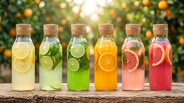 Deretan botol kaca memamerkan air infus berisi irisan lemon jeruk dan limau melambangkan hidrasi menyegarkan dan gaya hidup diet sehat