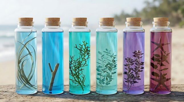 Botol kaca transparan merendam rumput laut ranting kayu dan bintang laut melambangkan keanekaragaman hayati laut dan pentingnya pelestarian lingkungan pantai