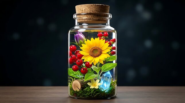 Botol kaca tertutup menyimpan bunga matahari cerah beri merah dan kristal biru melambangkan pelestarian keindahan alam dan energi kehidupan magis