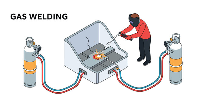 Industrial metal fabrication using gas welding equipment shows a welder in protective gear working with gas cylinders.