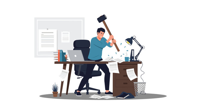Overwhelmed office worker expresses extreme workplace stress by smashing his desk and computer with a large wooden mallet.