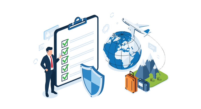 Comprehensive travel insurance plan includes a pre-trip checklist, global coverage, and protection for luggage and flights.