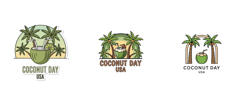 Set of coconut day usa emblems with palm trees and tropical coconut drinks, summer vacation concept, vector illustration isolated on white background t shirt vacation