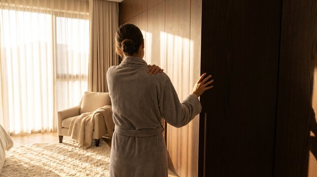 Woman in bathrobe opening a closet in her sunny modern bedroom at home.