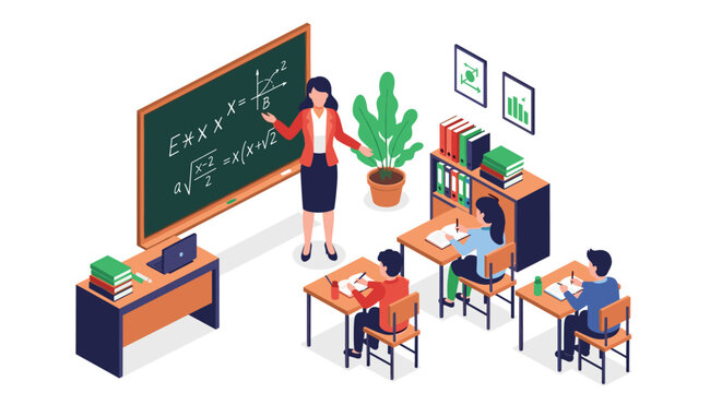 Female teacher explains complex mathematical formulas and geometric graphs on a chalkboard to attentive students in a classroom.