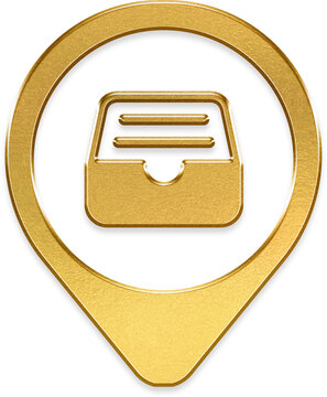 Glossy golden file tray full icon on bold metallic pin badge
