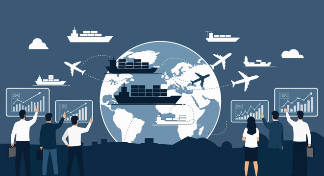Global logistics network with ships and airplanes over earth, showing business growth charts, concept for supply chain, international trade and transportation management.